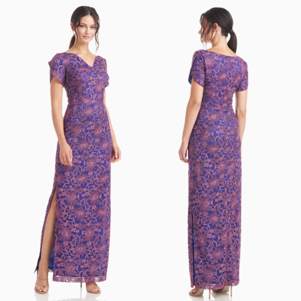 JS Collection NWT Beth V-Neck Embroidered Mesh Petal Sleeve Column Dress 6